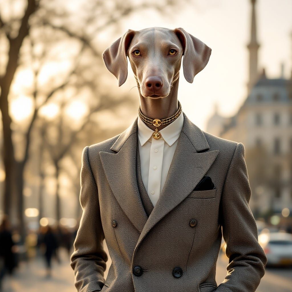 Sleek Weimaraner in Haute Couture Struts on Champs d'Elysées