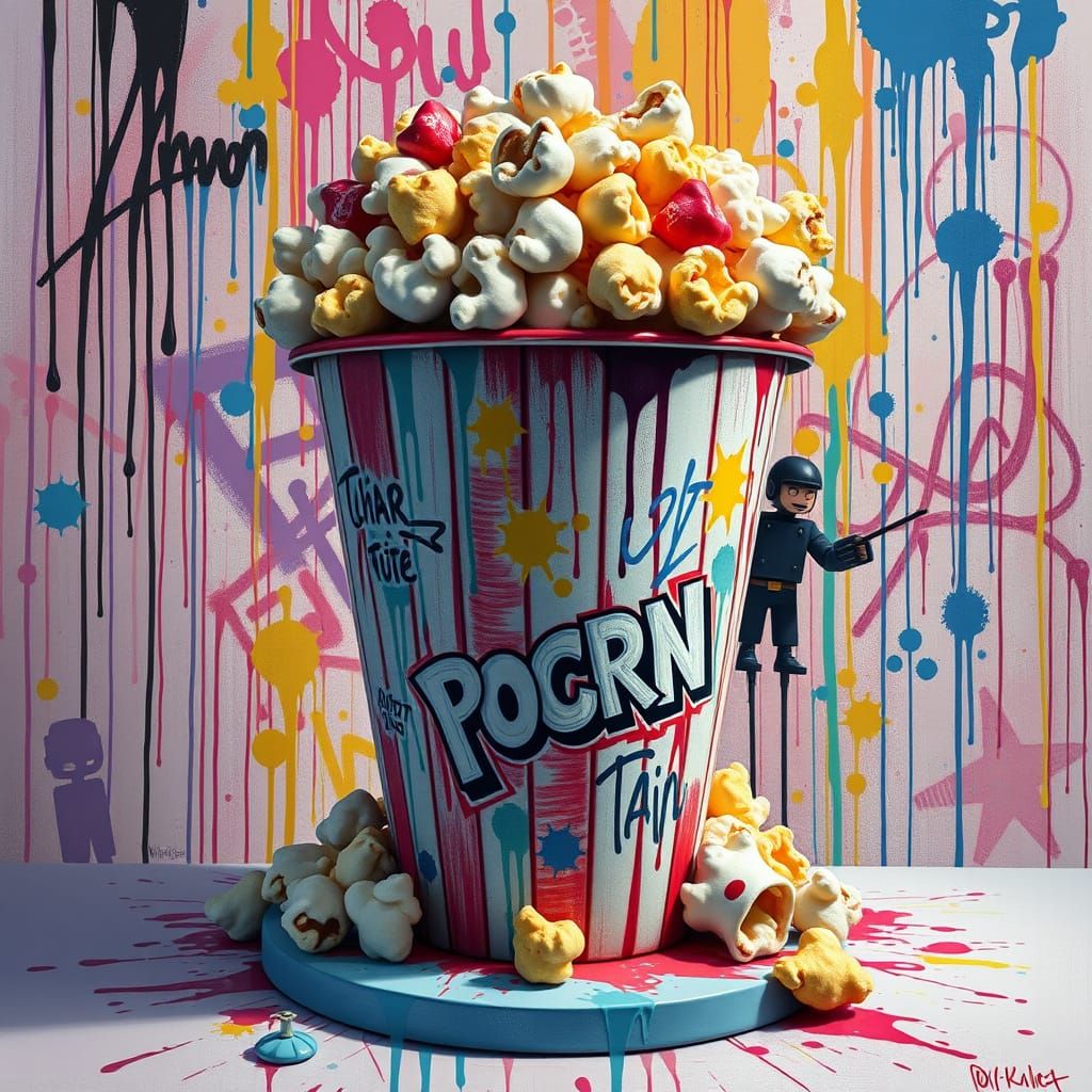 Vibrant Popcorn Sculpture with Graffiti Art