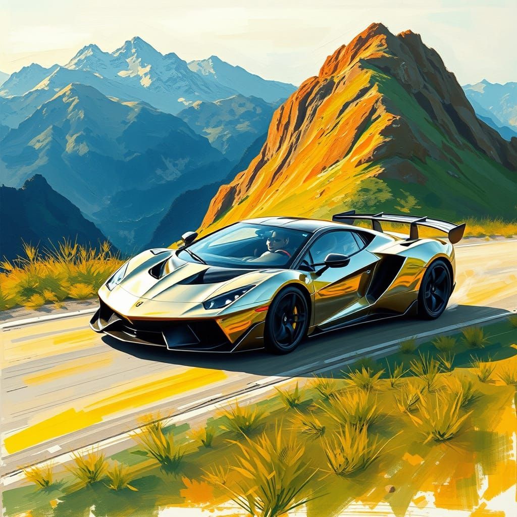 Fantasy Acrylic Sports Car on Mountain Road