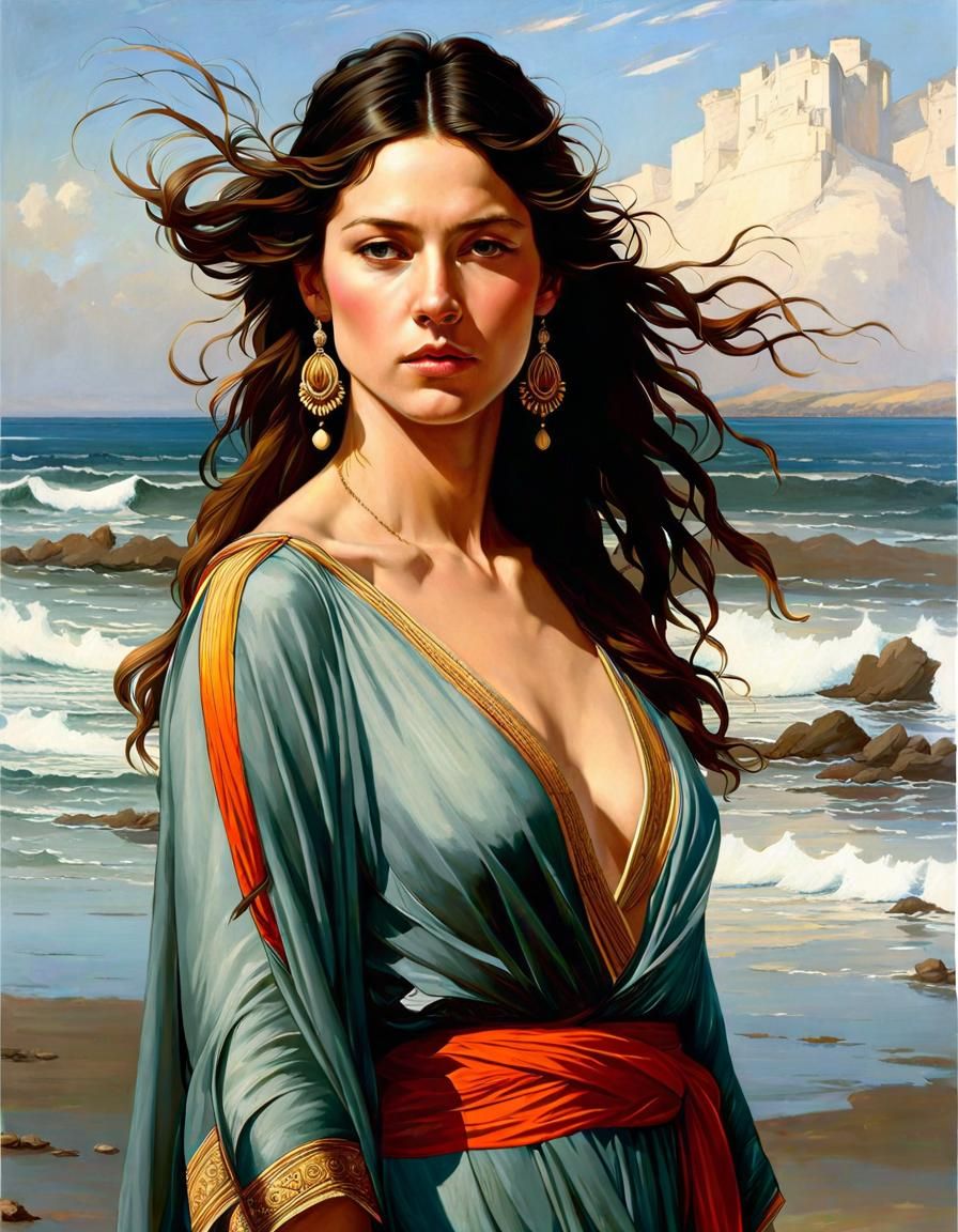 Rainbow Haired Goddess on Beach, Hyperrealistic Portrait