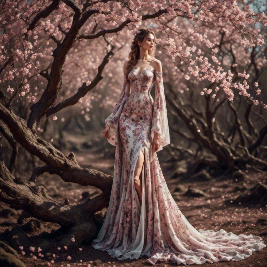 Beautiful woman dressed in an ornate gown, cherry blossom <lora:AnimationXL:1.0> <lora:Avant Garde Fashion:1.0> <lora:Go...