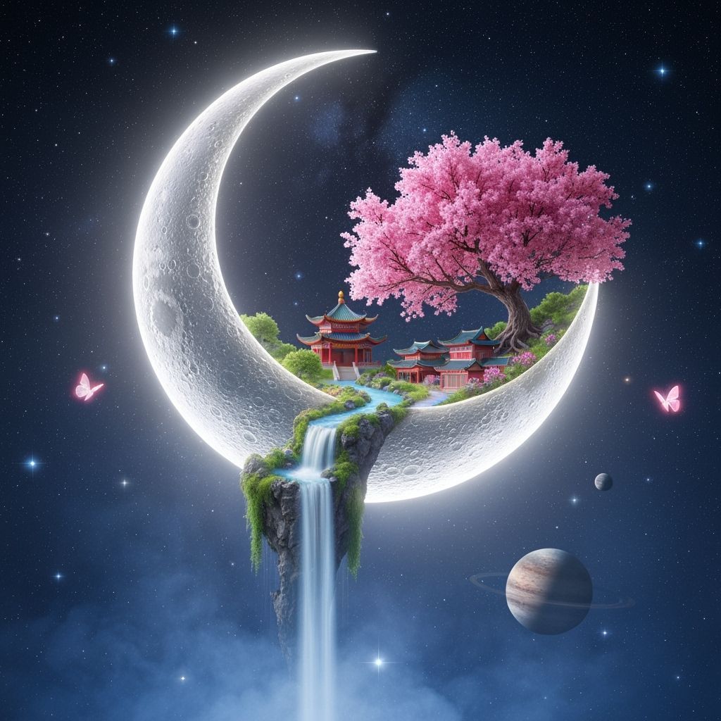 Glowing Crescent Moon Holds Miniature Chinese Village in Spa...