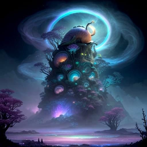 Magical Snail Shell Waterfall Under Starry Night Sky