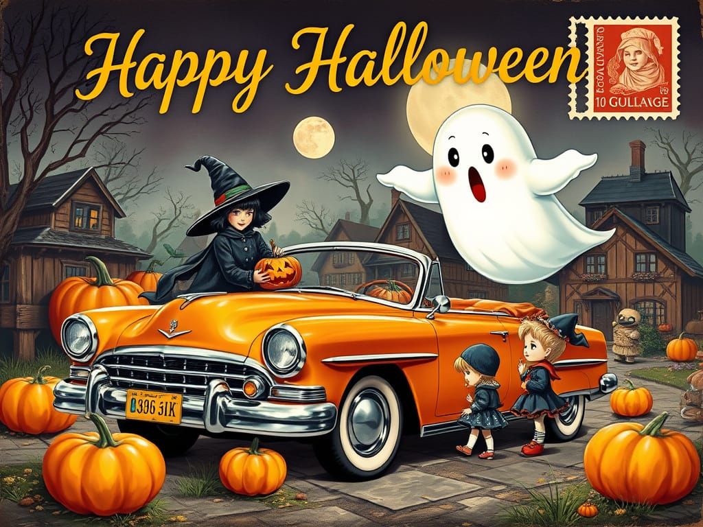 Cute Halloween Postcard: Ghost, Pumpkin Car, Witch, Kids in ...