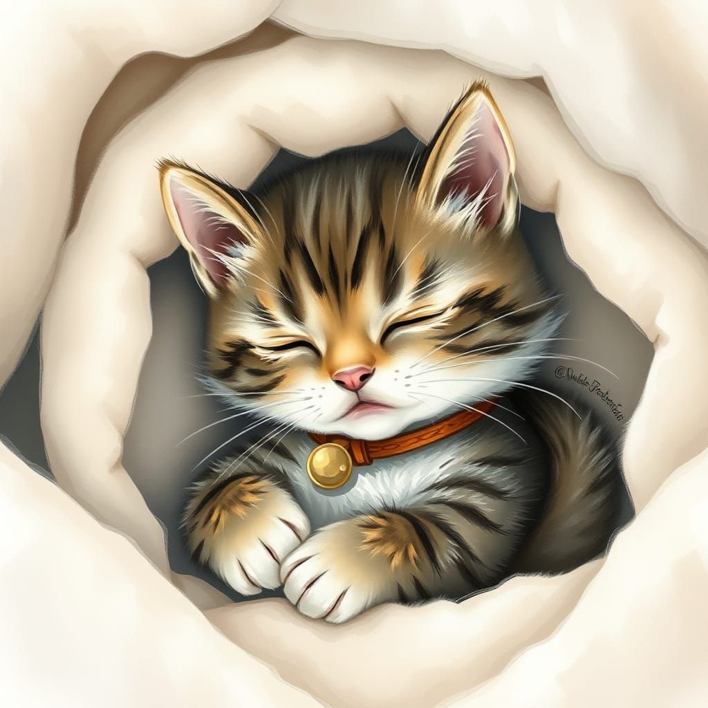 Cute Baby Cat in Cozy Watercolor Scene