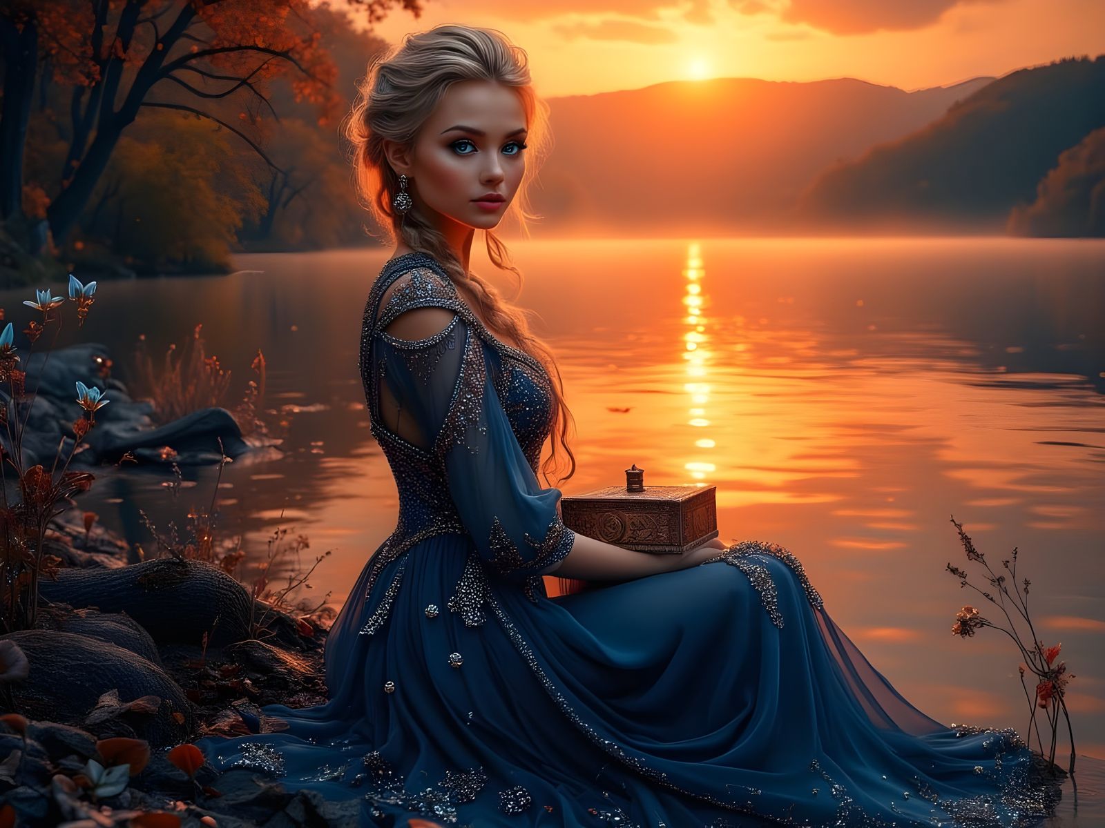 Norse Goddess by Lake in Sunrise Portrait