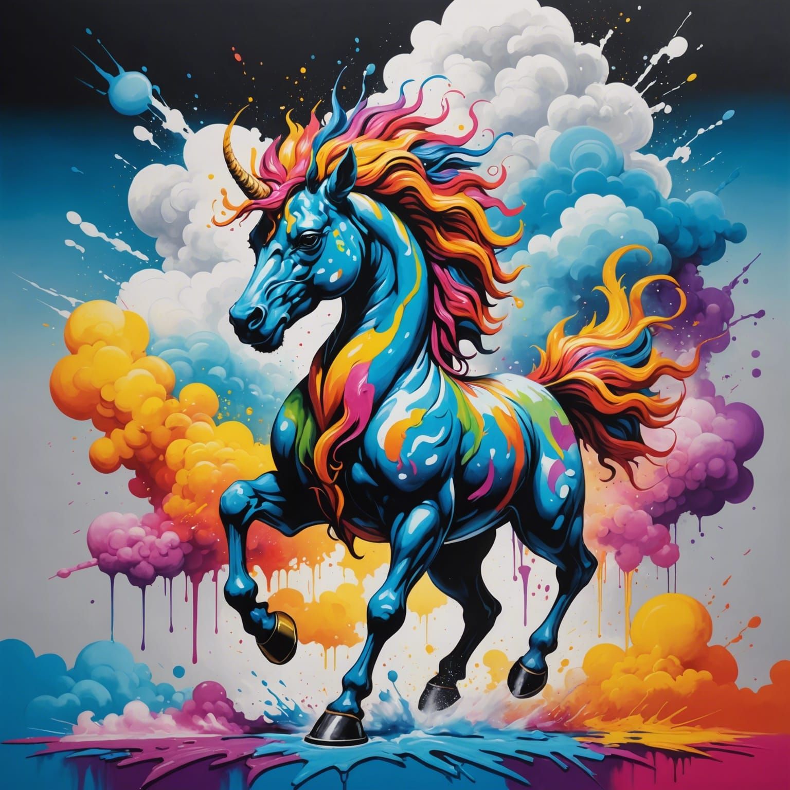 Kirin Soaring Through Colorful Graffiti Clouds