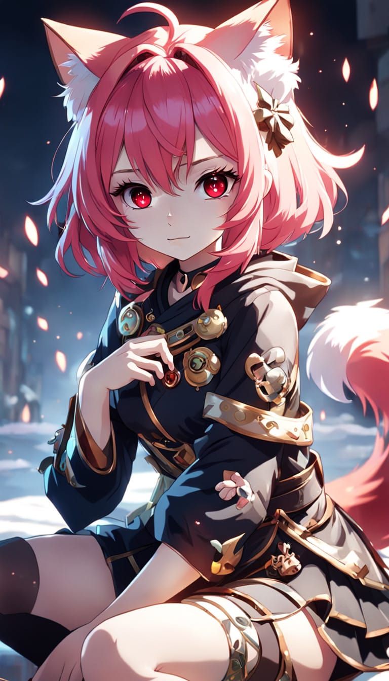 Kawaii Anime Girl with Red Eyes and Pink Hair