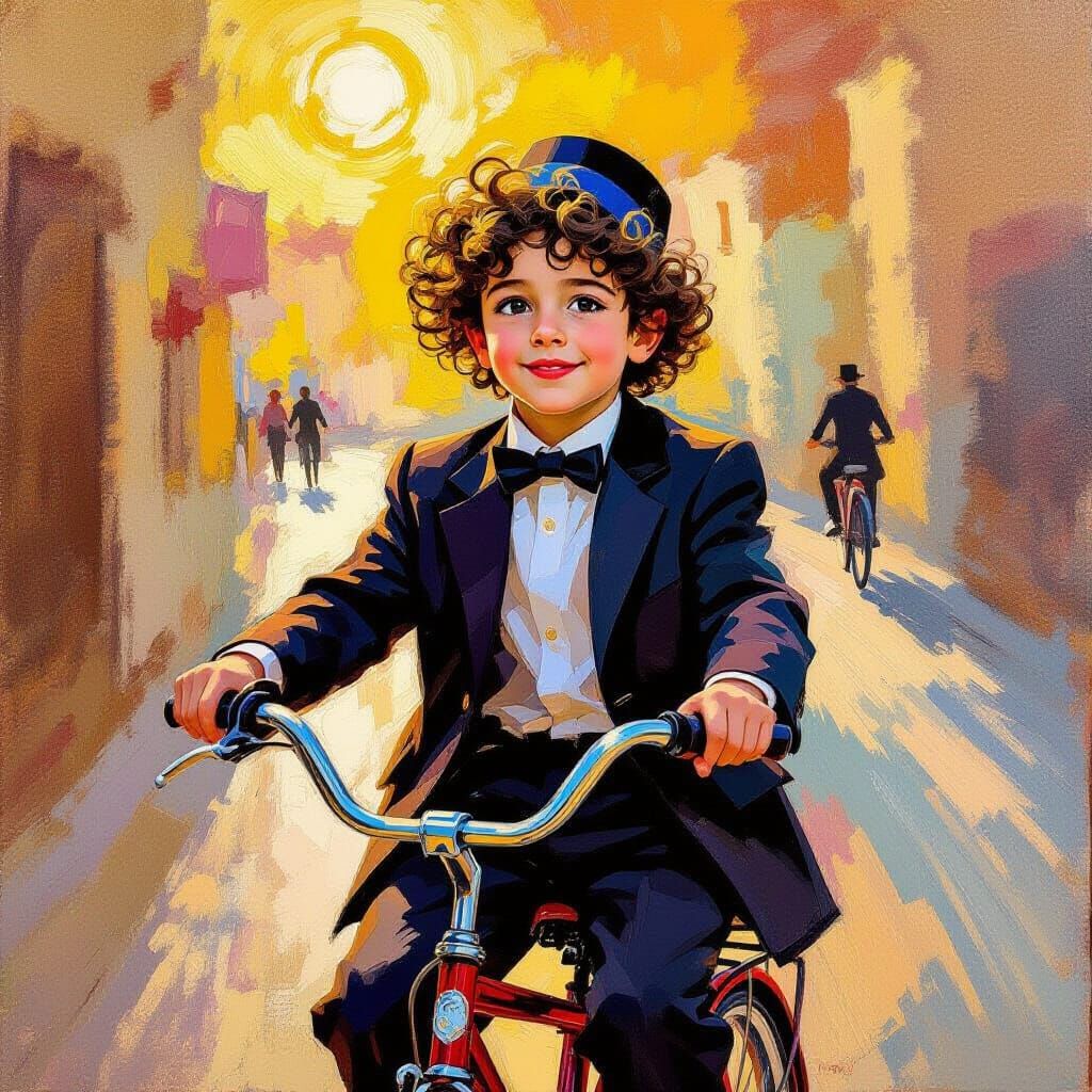 Orthodox Boy Balances Plate While Riding Bike in Golden Hour