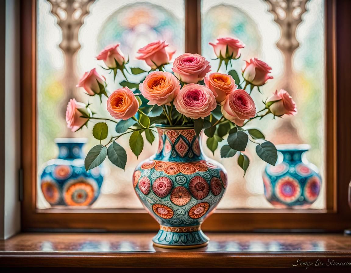 Roses in Vase: Impressionist Gouache Painting