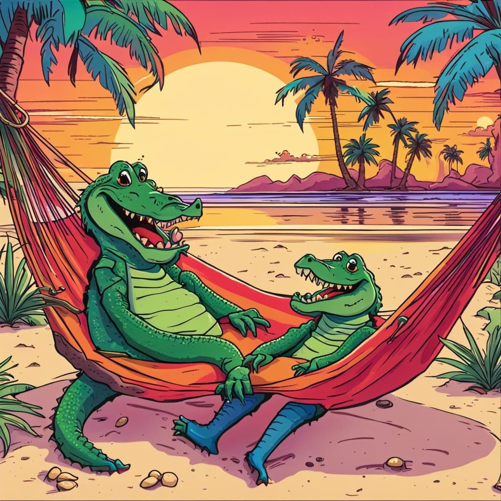 Cartoon Alligators Relaxing on Beach at Sunset