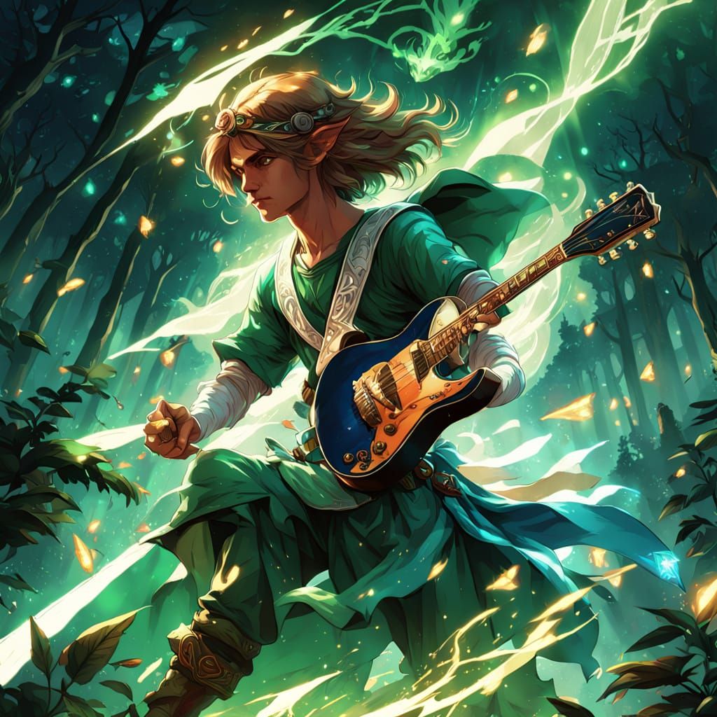 Link Plays Electric Guitar Amidst Magical Green Lightning