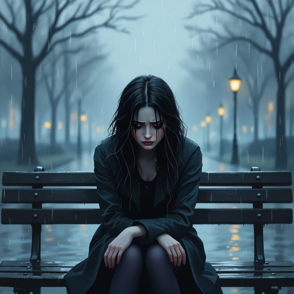 Melancholic Woman on Park Bench Under Dreary Sky