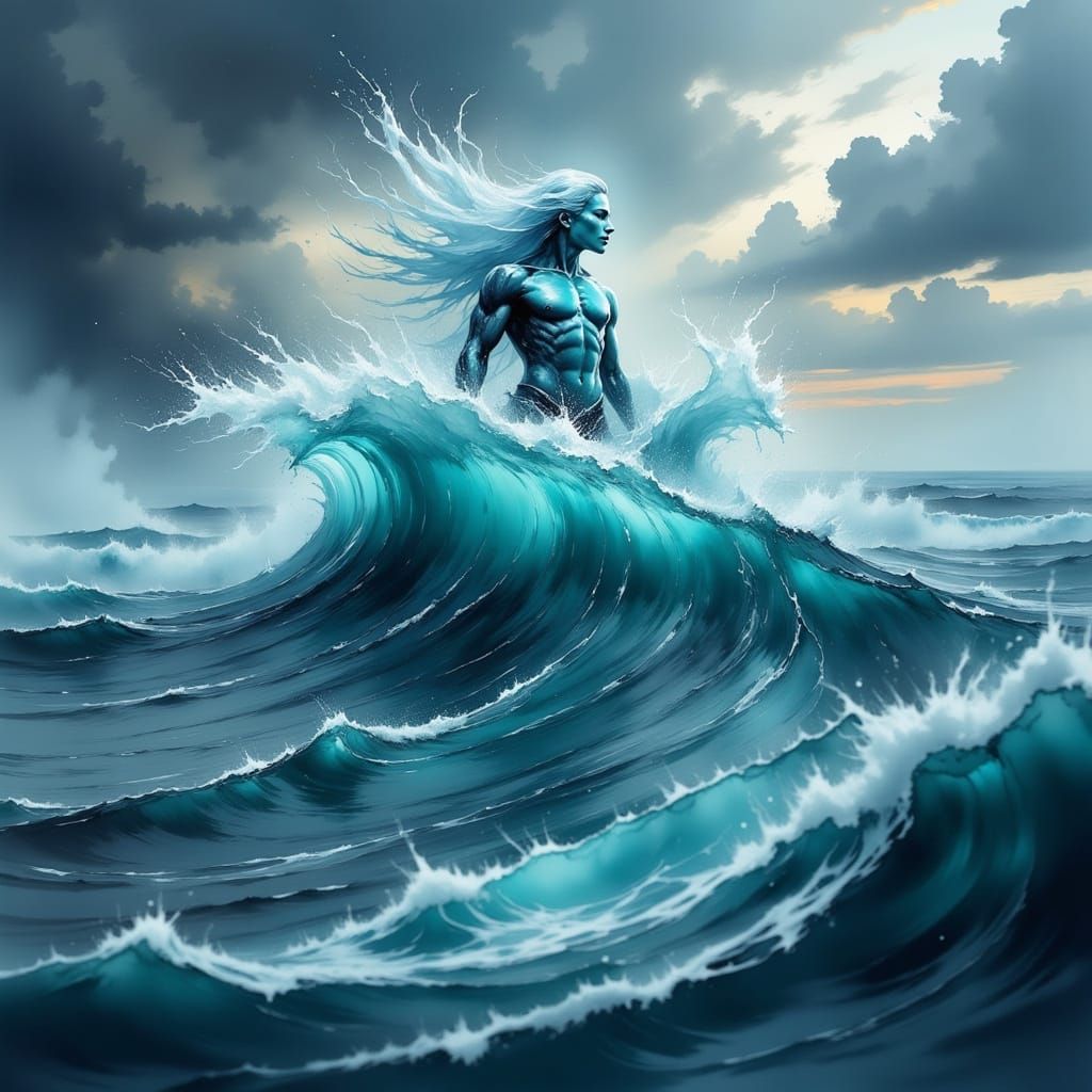 Majestic Water-ink Neptune Rises from Ocean Waves