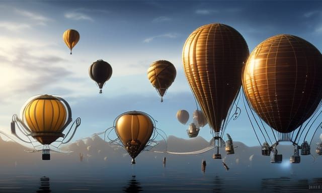 Steampunk Puffer Fish Hot Air Balloons in Sci-Fi Sky