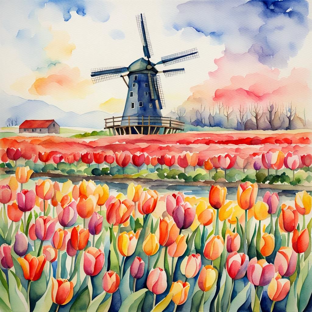 Watercolor Tulip Field with Windmill