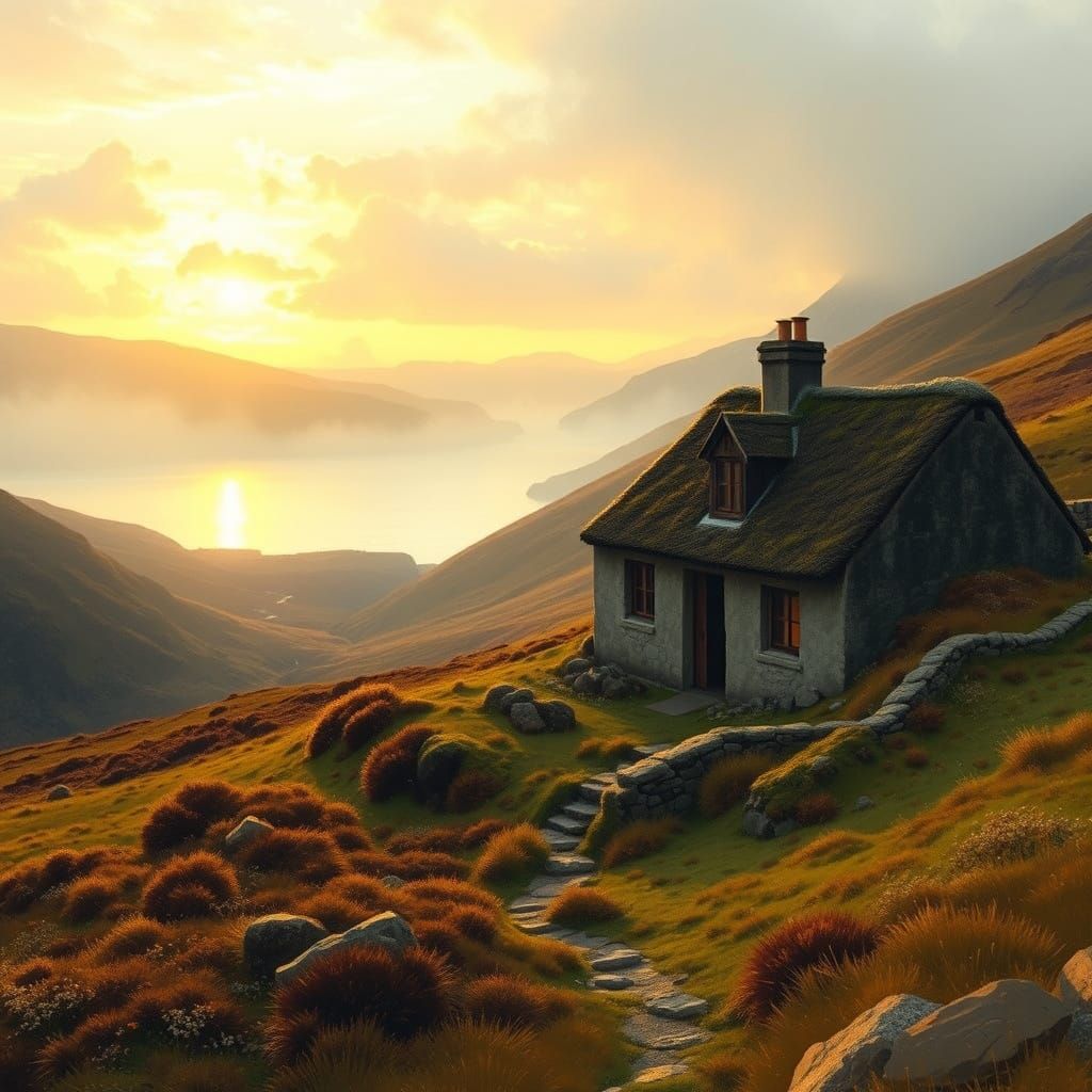 Scottish Highland Cottage in Warm Golden Light