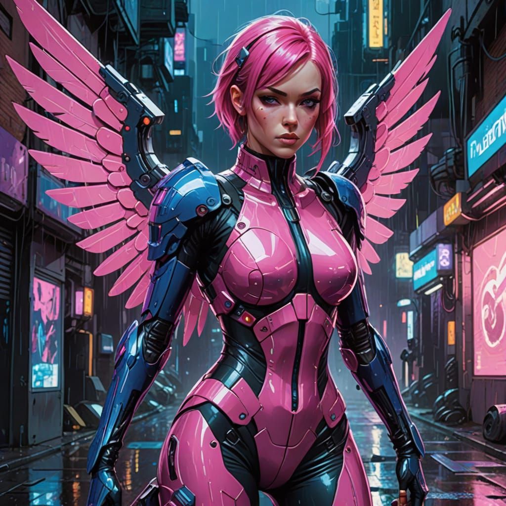 Cyberpunk Woman with Metallic Wings in Neon Alley