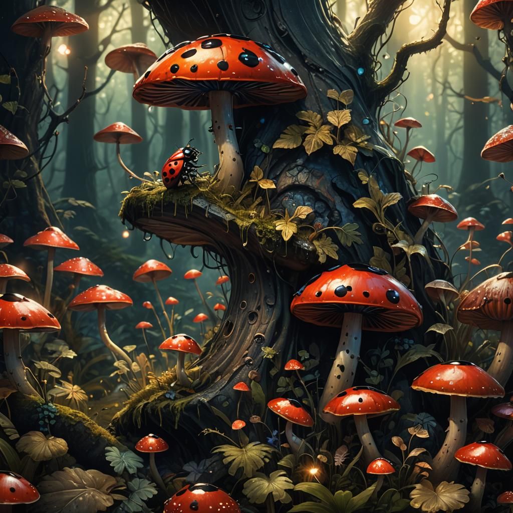 Mystical Ladybug on Mushroom, Art Nouveau Style