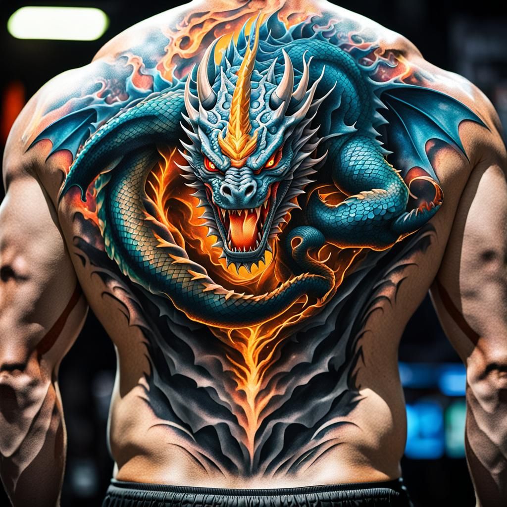 3D tattoo on wrestlers back of dragon ripping through  back breathing glowing plasma , GeForce RTX, 2TB NVMe M.2 SSD, 6T...