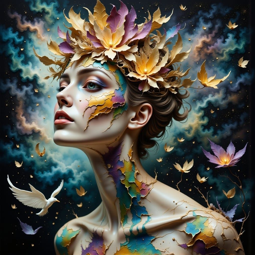 Cosmic Embrace in Fading Light: Mixed Media Rendering