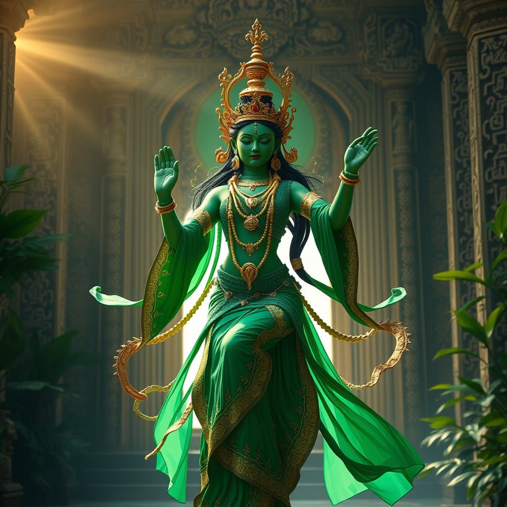 Mystical Green Tara Dances in Temple with Vibrant Ornaments