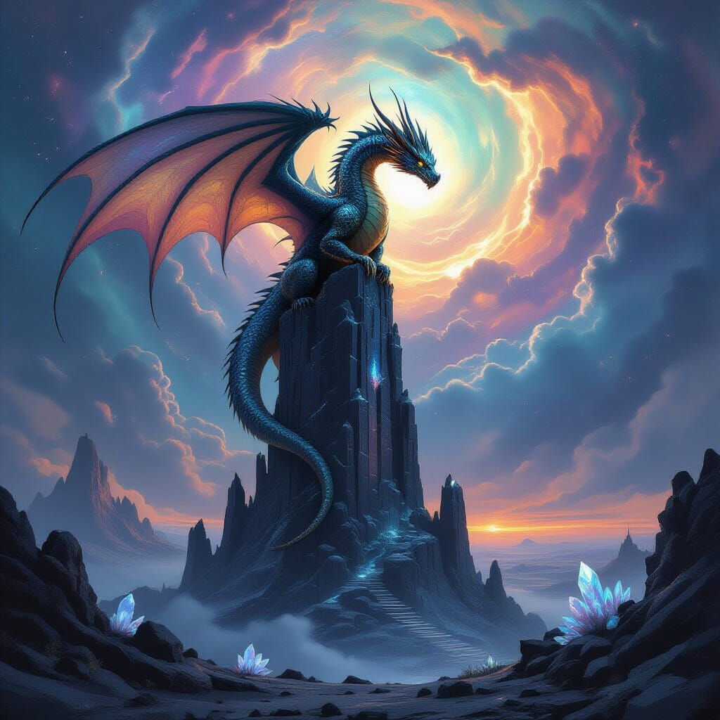 Ancient Dragon on Obsidian Tower in Cosmic Nebula