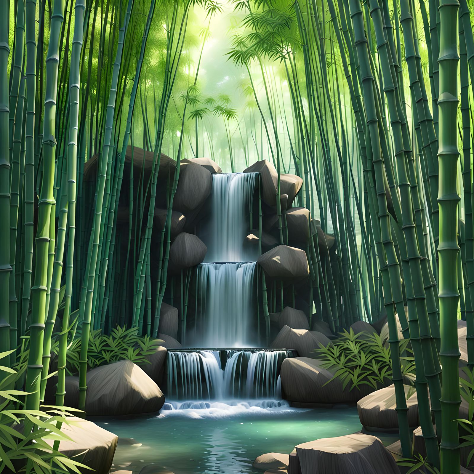 Bamboo Bliss: The Serenity of a Cascading Waterfall in a Tranquil Forest Pond