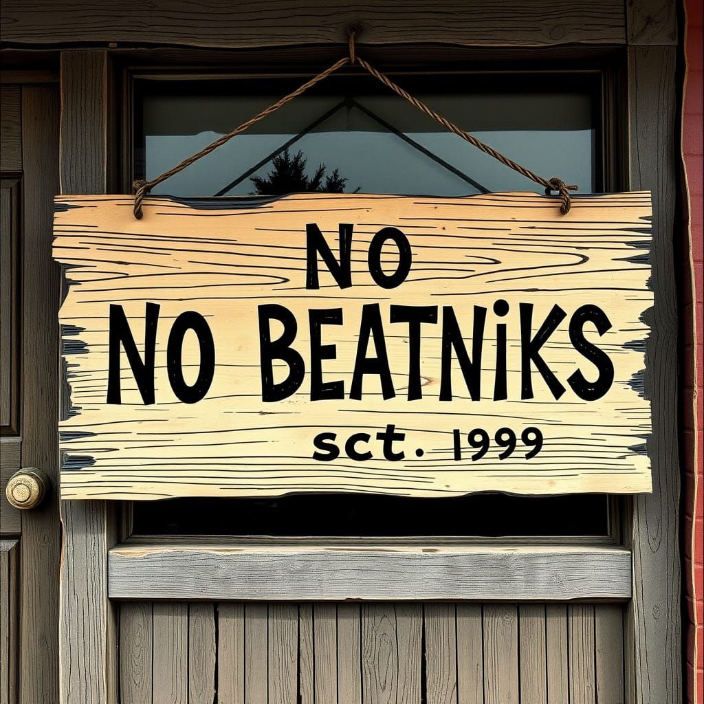 Retro Storefront Sign Prohibits Beatniks in Distressed Font