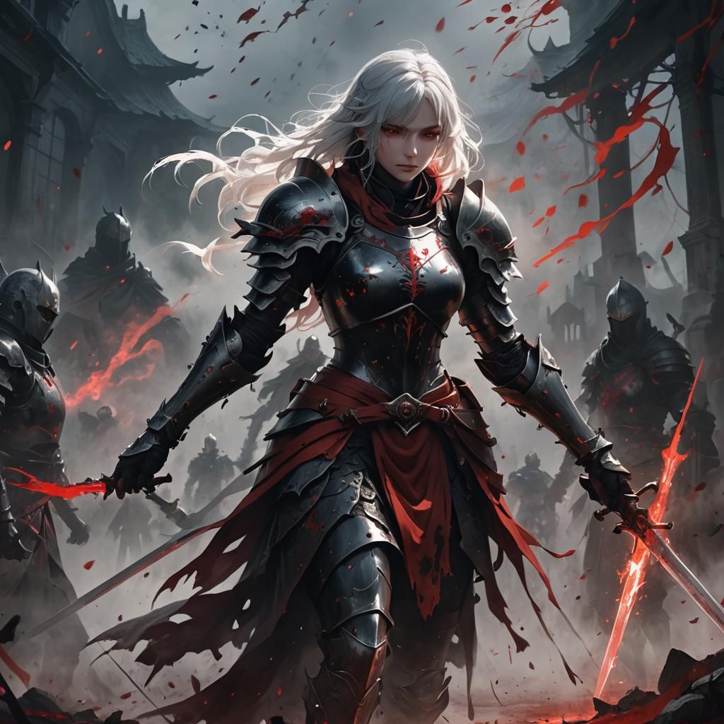 Anime Knight in Blood Mist: Cinematic Fantasy Art