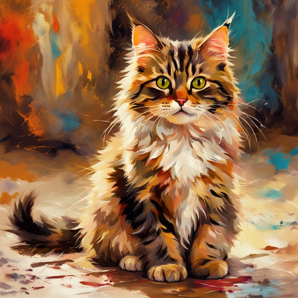 Cute Kitty Cat in Oil Painting, Grunge Style