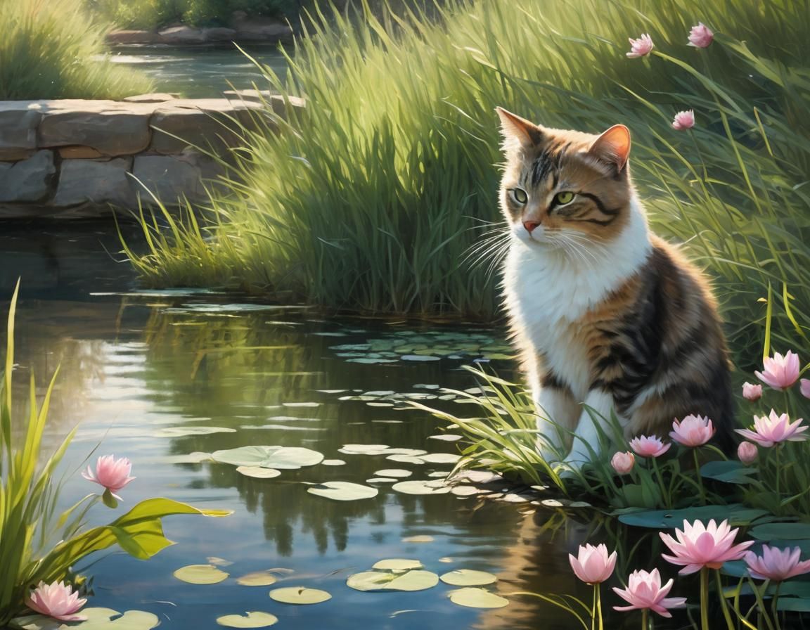 Cat by Pond: Impressionist Painting with Soft Light
