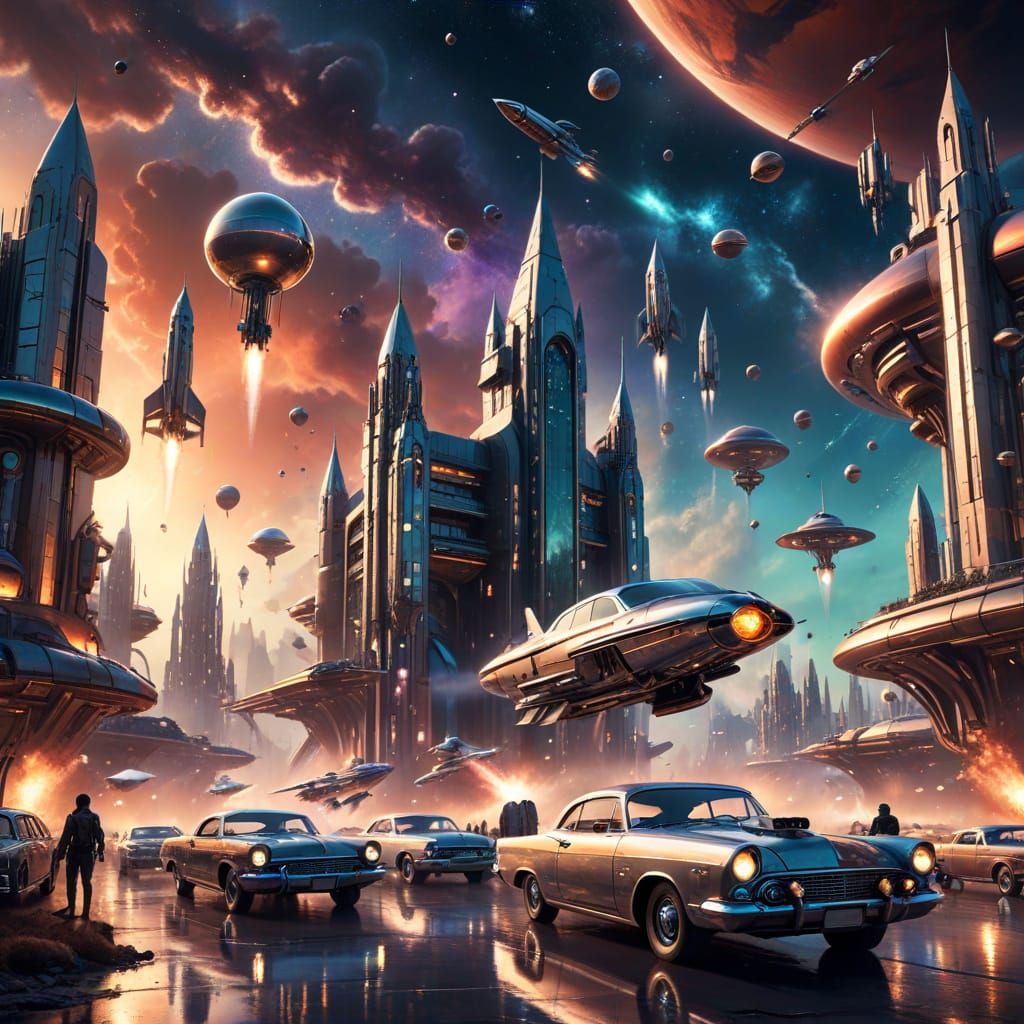 Atomicpunk Cityscape with Chrome Rockets in Space