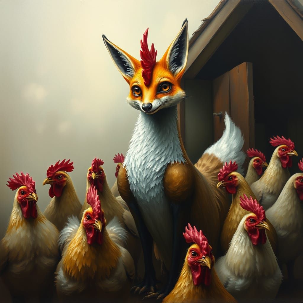 Surreal Fox-Rooster Hybrid Oil Painting