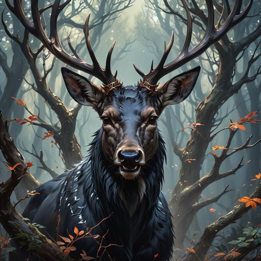 Fanged Black Deer Portrait in Hyperdetailed Style