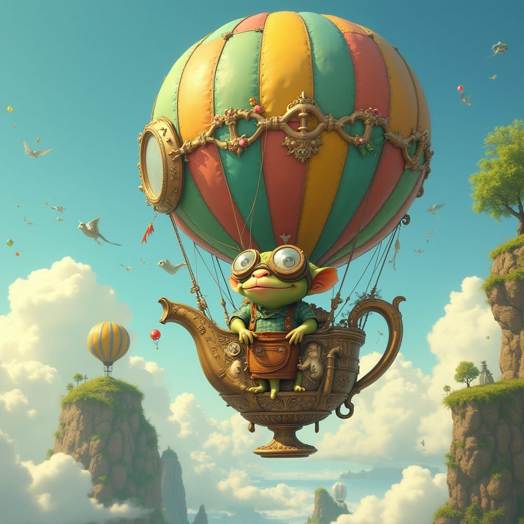 Gremlin Repairs Teacup Balloon in Whimsical Sky