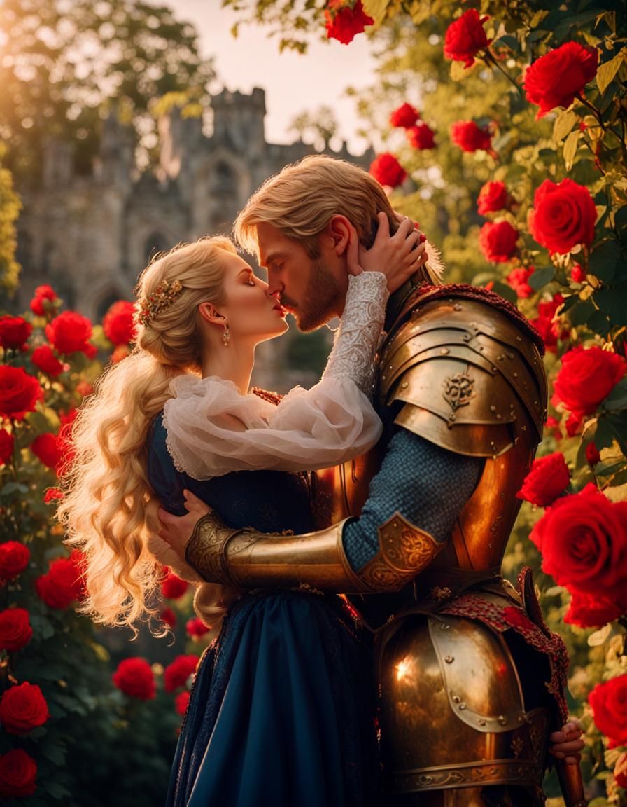 Knight and Lady Kiss in Rose Garden: Cinematic Still