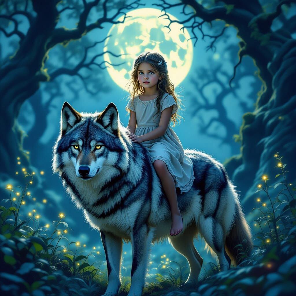 Girl Riding Wolf in Moonlit Forest