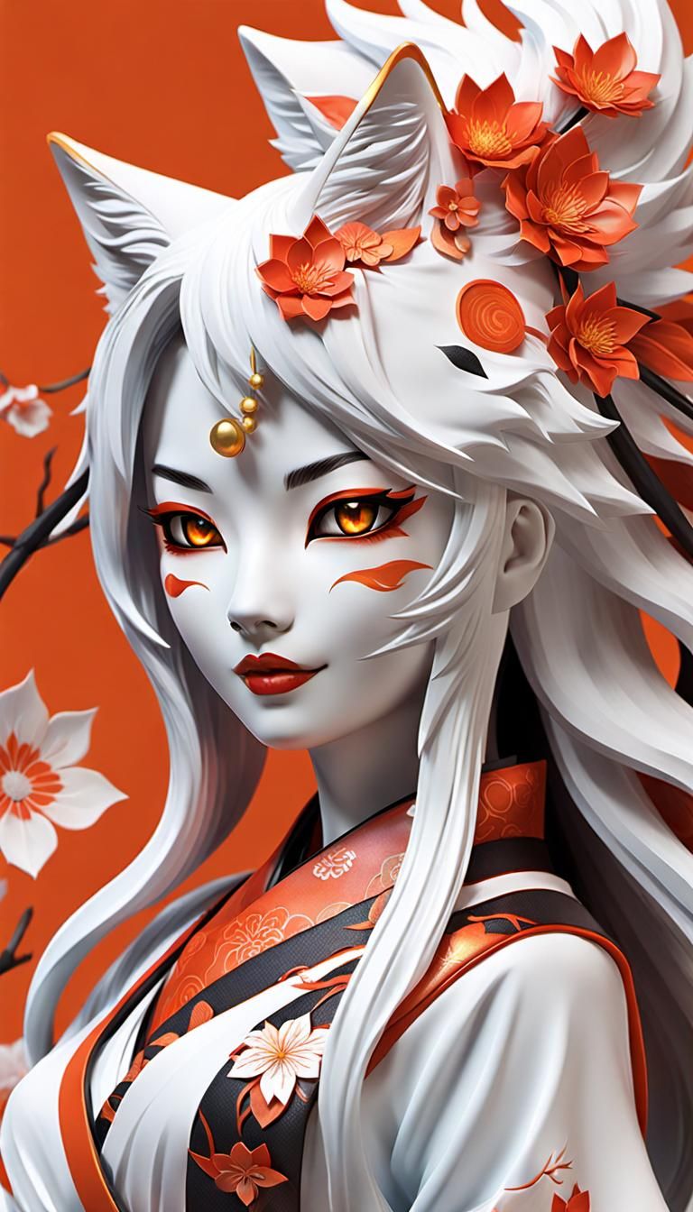 Beautiful Nine-Tailed Kitsune Girl in 3D