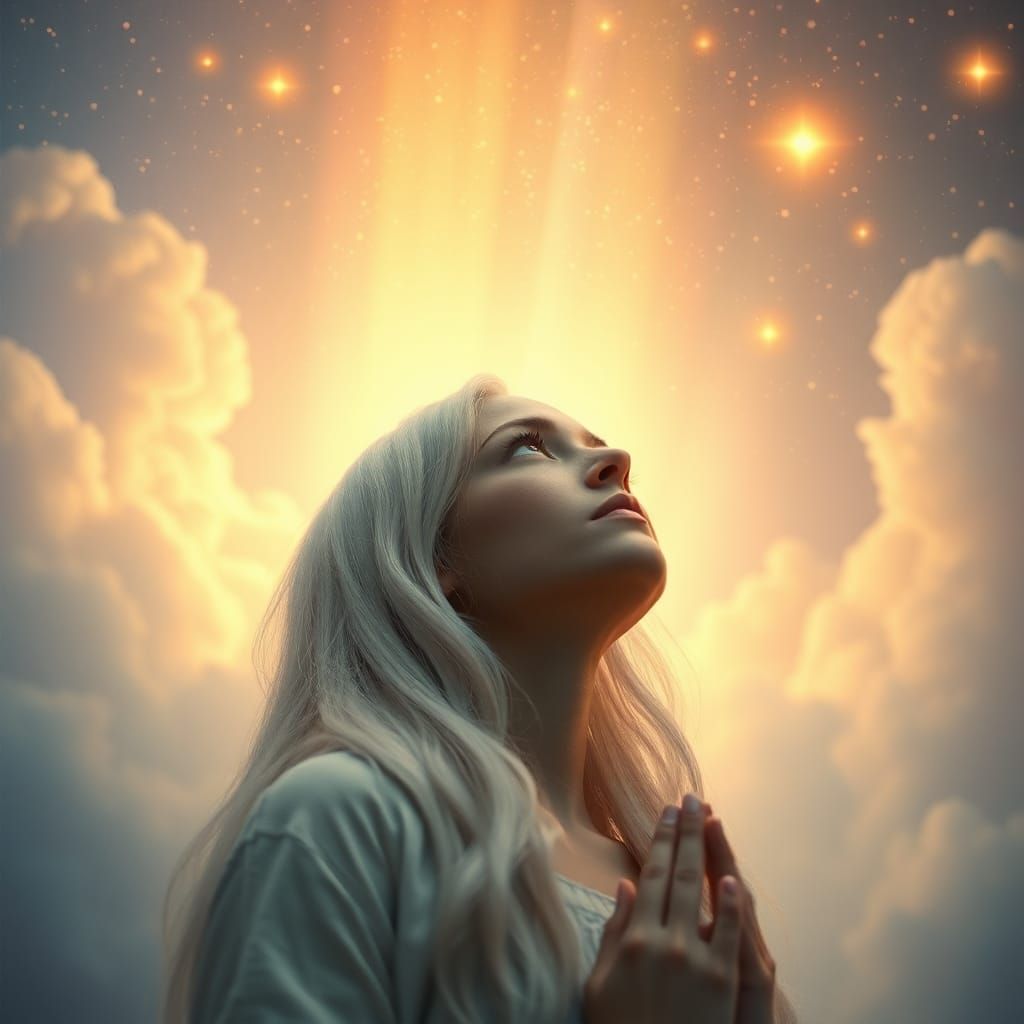 Ethereal Woman Praying in a Dreamy Celestial Landscape