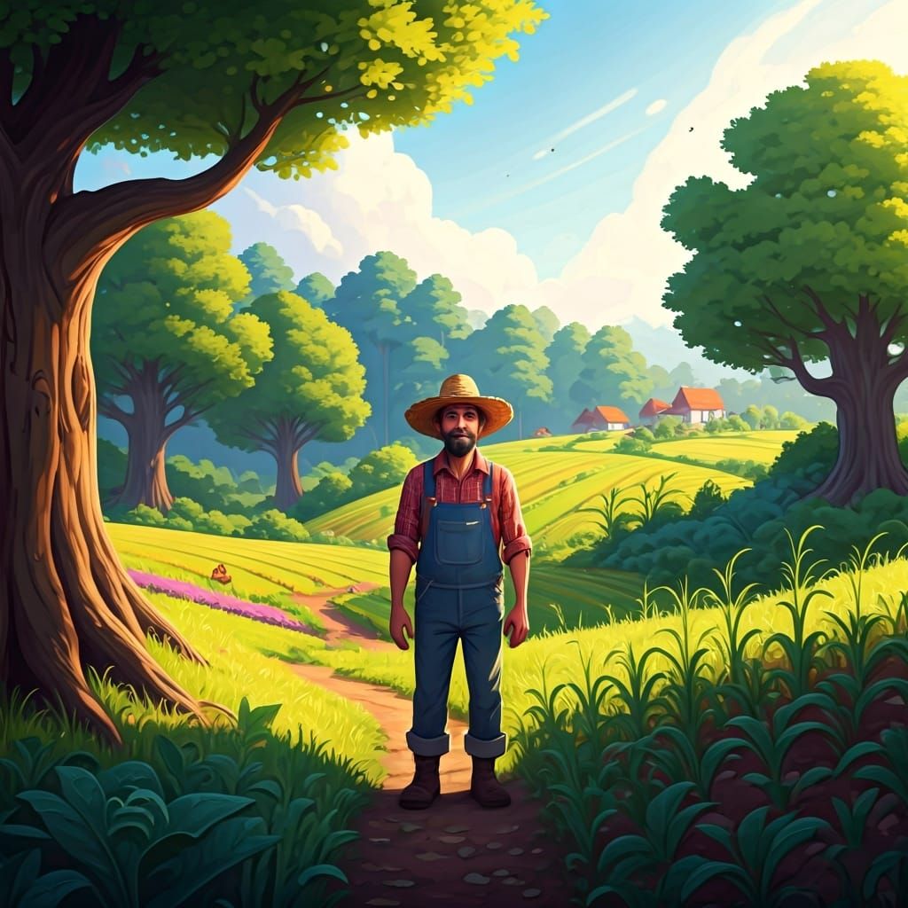 Farmer in Lush Field, Digital Painting Style