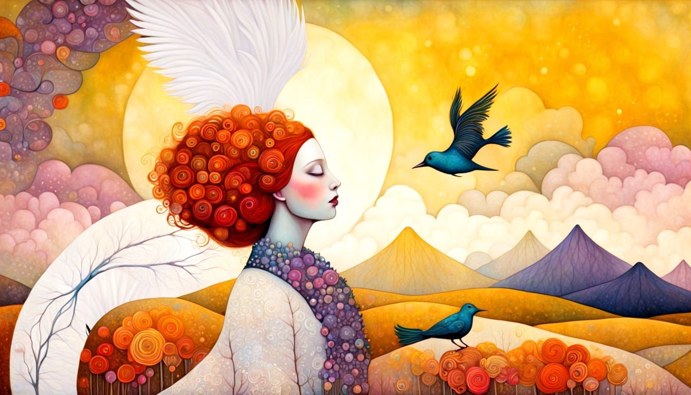 Dreamlike Woman-Bird Art Brut Painting