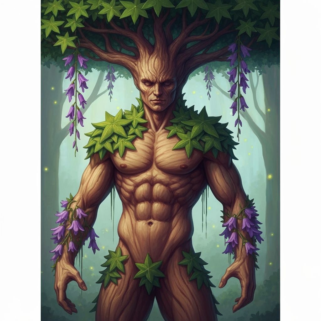 Muscular Man Tree with Star Leaves and Purple Flowers