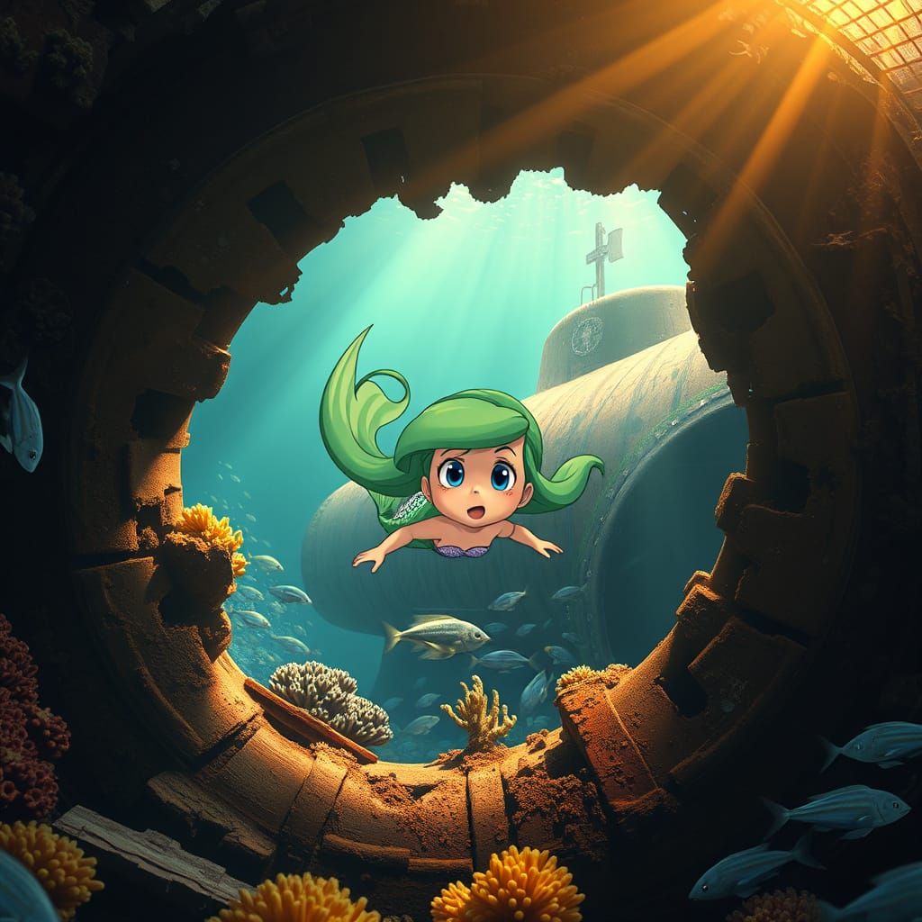 Whimsical Mermaid Discovers Submerged German Submarine