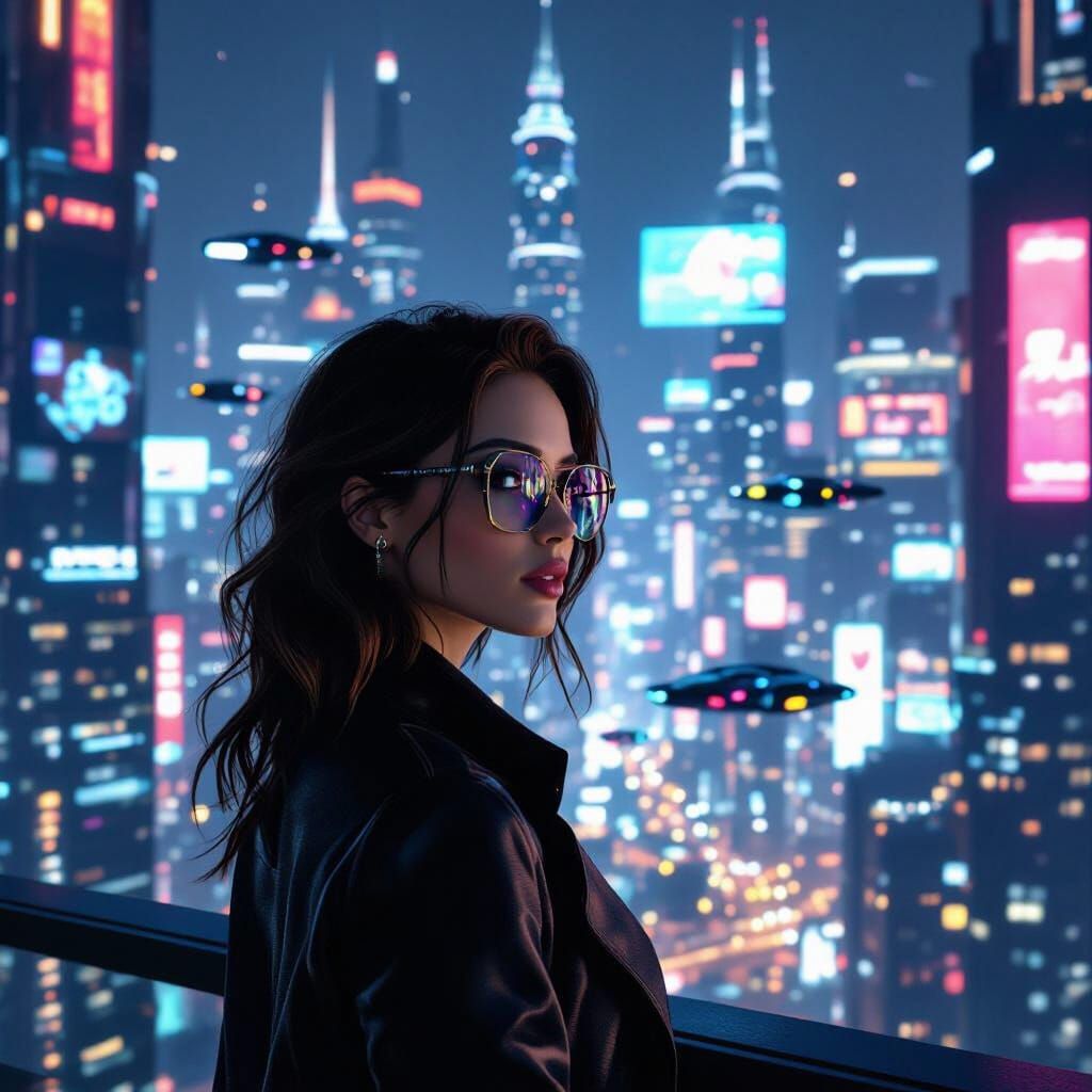 Cyberpunk Cityscape with Woman on Balcony
