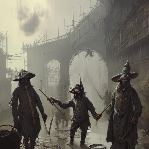 Sinister Plague Doctors Gather Around Coal Pit