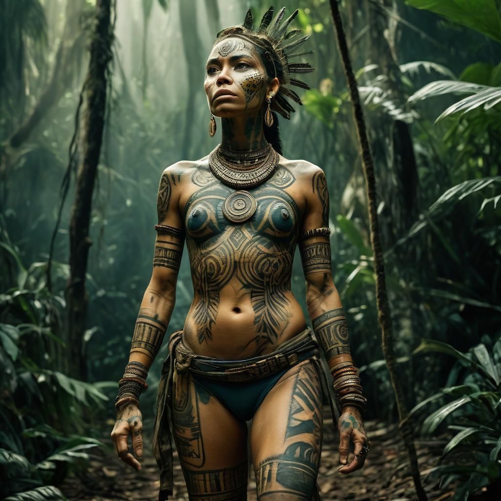 Amazon Warrior in Jungle, Hyperrealistic Splash Art