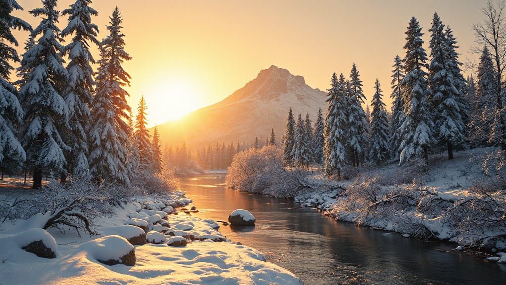 Serene Winter Landscape With Mountains and Golden Light