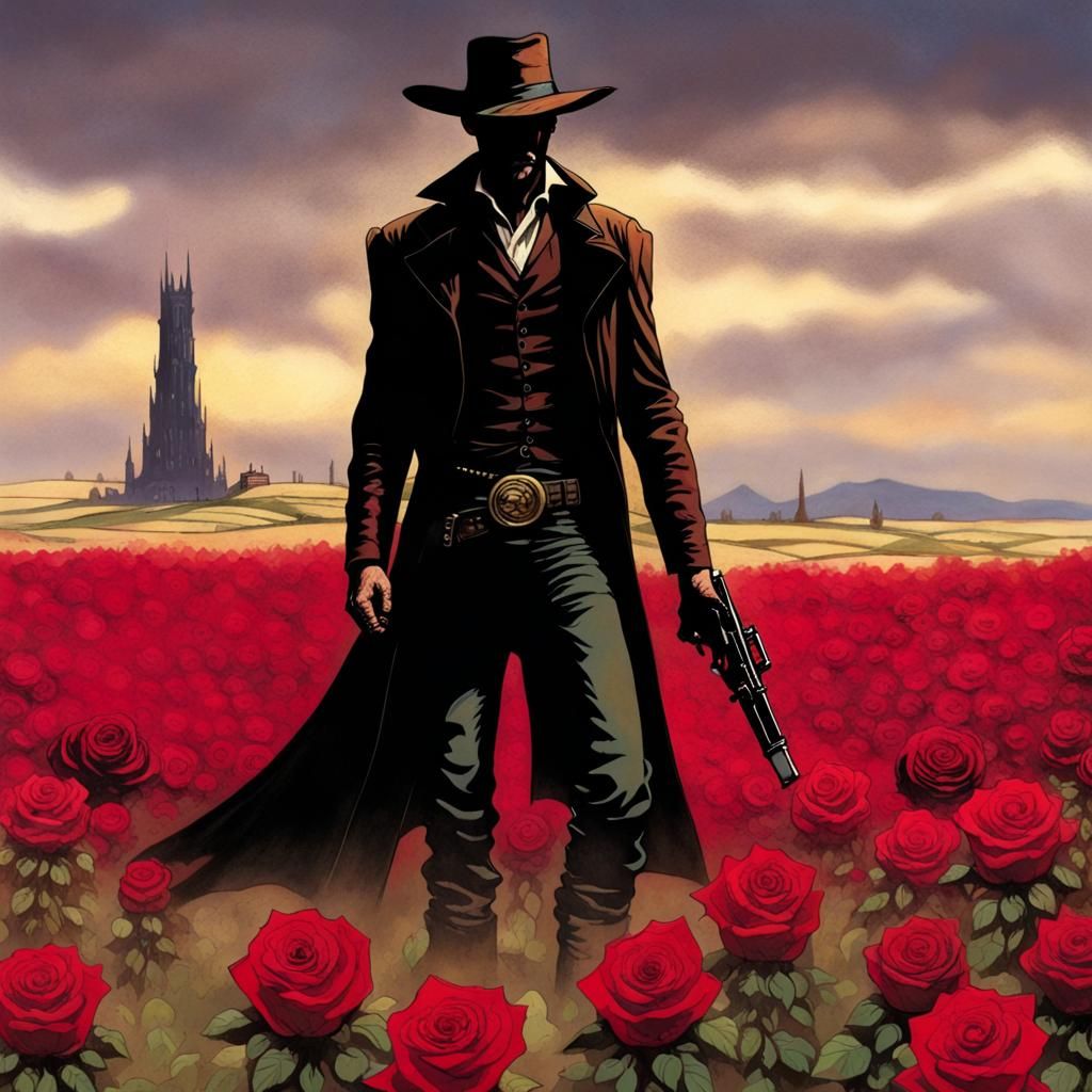 Gunslinger in a Rose Field Near the Dark Tower