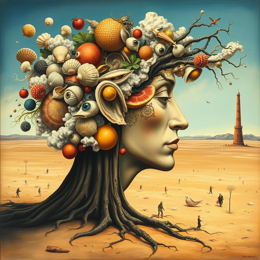 Surreal Dreamscape with Fragmented Faces and Forms